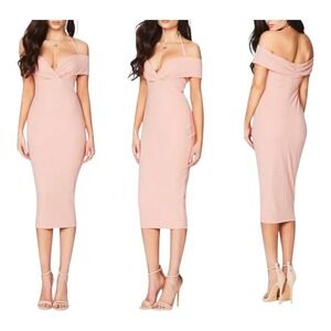 Nookie Athena Blush Off Shoulder Halter Midi Dress Pink Bodycon Size XS‎ NWT